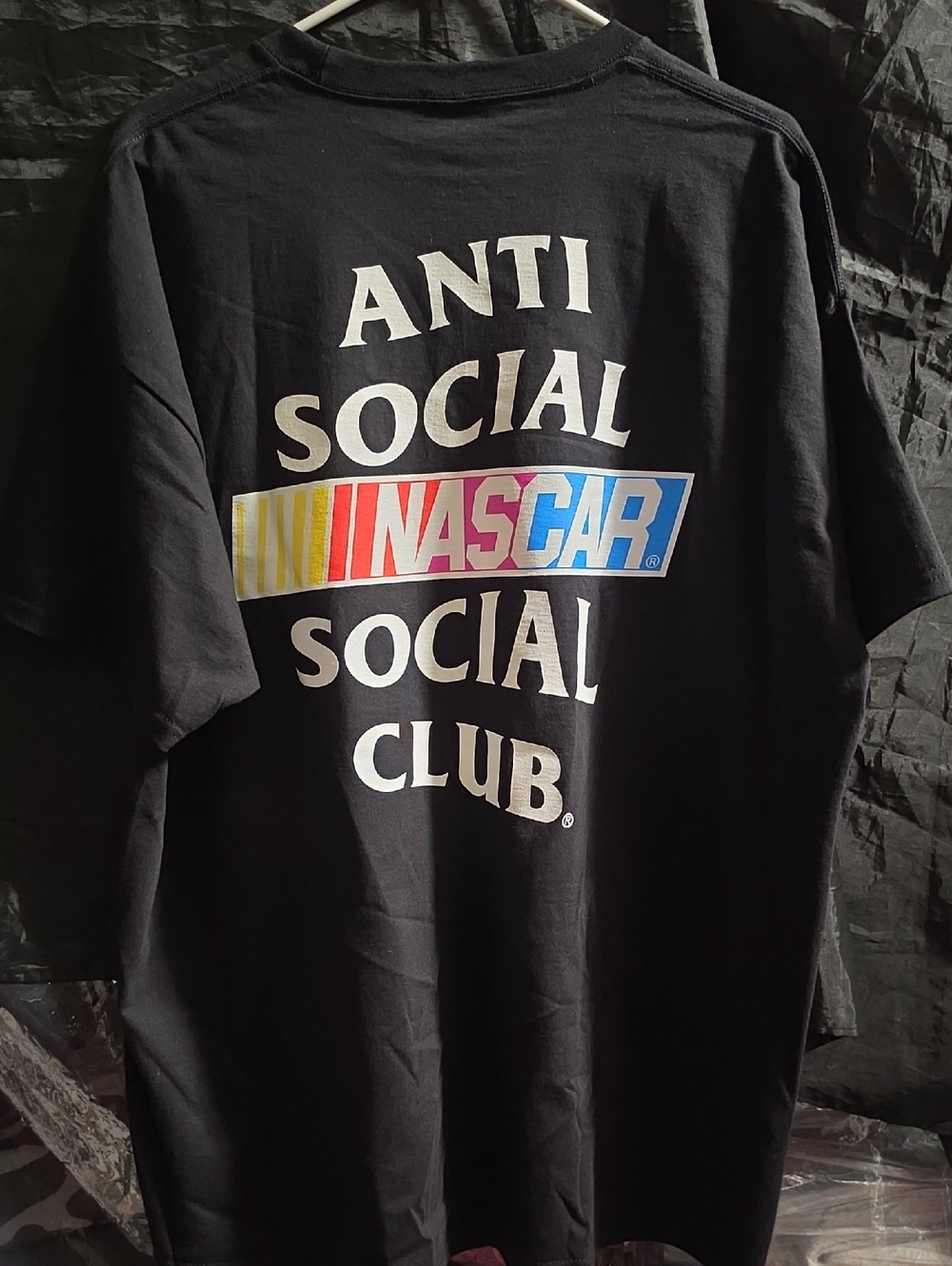 Anti Social Social Club Black Tee with Multi-Color NASCAR Stripe